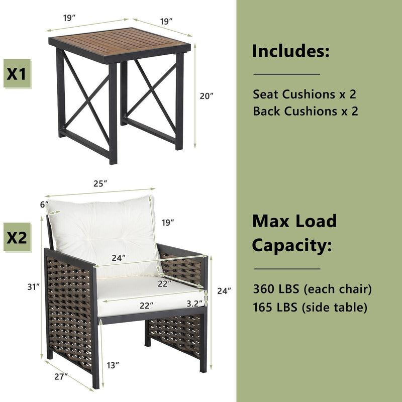 3 Pieces Patio Rattan Furniture Set with Acacia Wood Tabletop-White