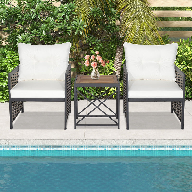 3 Pieces Patio Rattan Furniture Set with Acacia Wood Tabletop-White