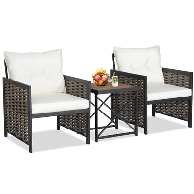 3 Pieces Patio Rattan Furniture Set with Acacia Wood Tabletop-White