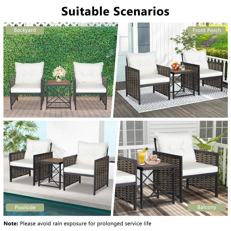 3 Pieces Patio Rattan Furniture Set with Acacia Wood Tabletop-White