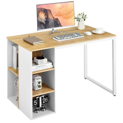 Computer Desk with 5 Side Shelves and Metal Frame-Natural