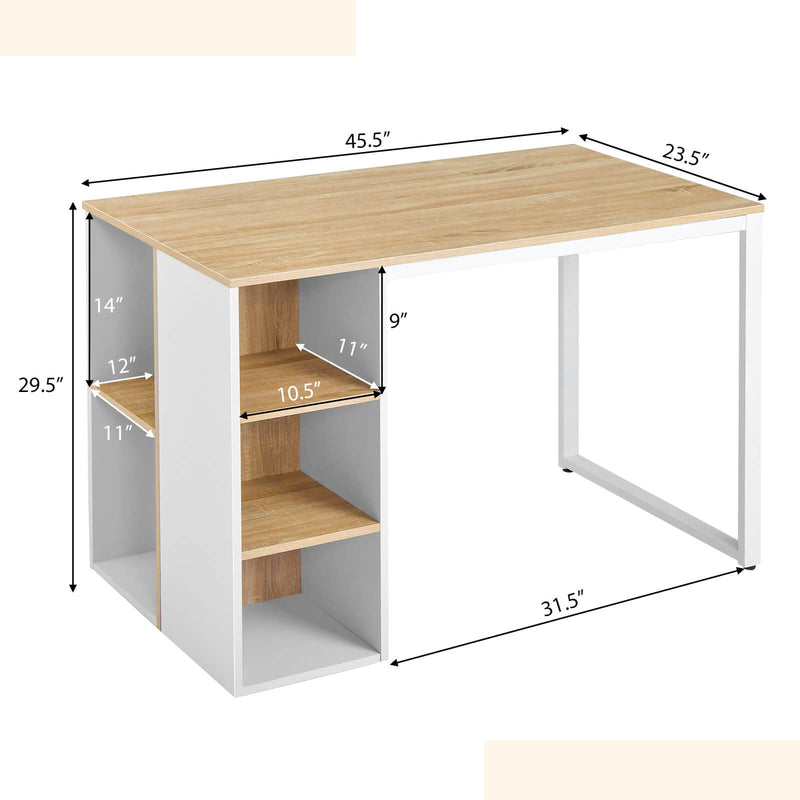 Computer Desk with 5 Side Shelves and Metal Frame-Natural