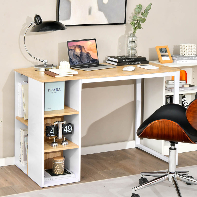 Computer Desk with 5 Side Shelves and Metal Frame-Natural