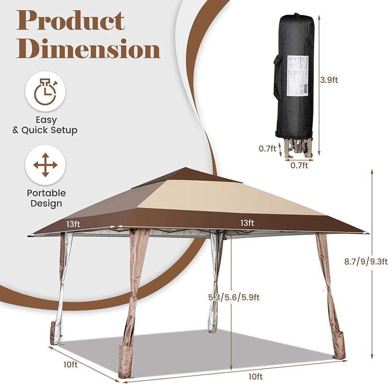 13 x 13 Feet Pop-Up Feet Patio Gazebo with Wheels-Coffee