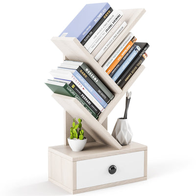 5-Tier Floor Standing Tree Bookcase with Drawer-Beige