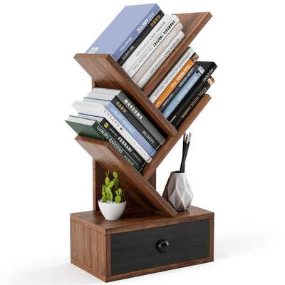 5-Tier Floor Standing Tree Bookcase with Drawer-Brown