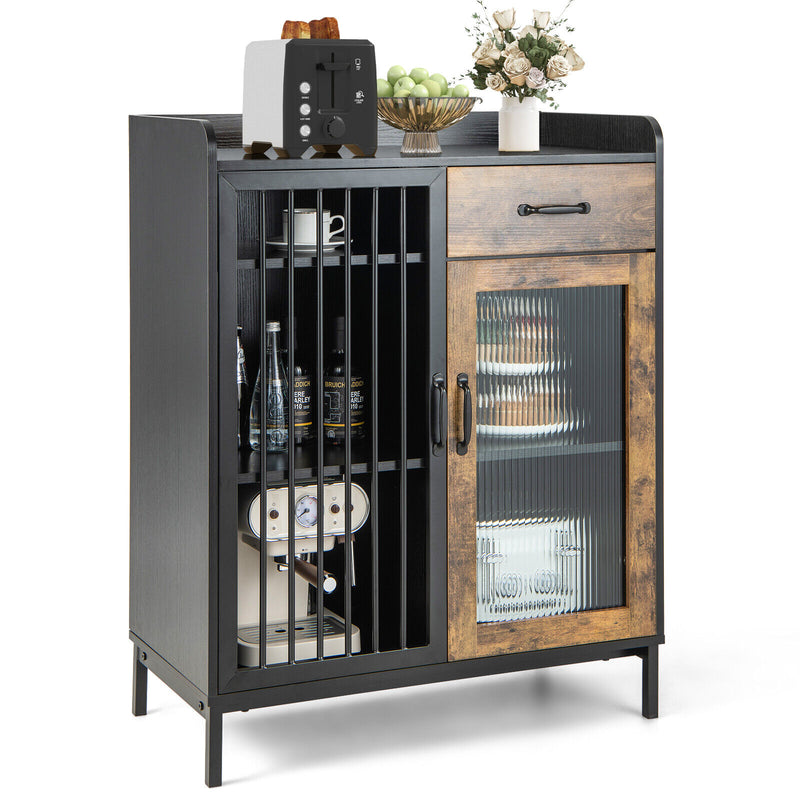 Kitchen Sideboard Buffet Industrial Pantry Cupboard with Metal Glass Door-Rustic Brown