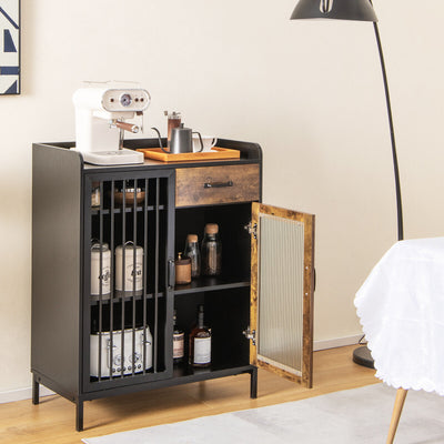 Kitchen Sideboard Buffet Industrial Pantry Cupboard with Metal Glass Door-Rustic Brown