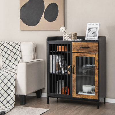 Kitchen Sideboard Buffet Industrial Pantry Cupboard with Metal Glass Door-Rustic Brown