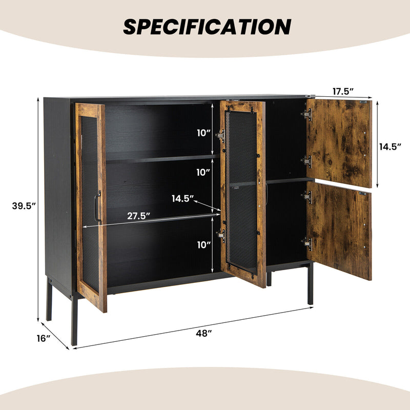 48 Inch Industrial Kitchen Buffet Sideboard with Metal Mesh Doors and Anti-toppling Device-Brown