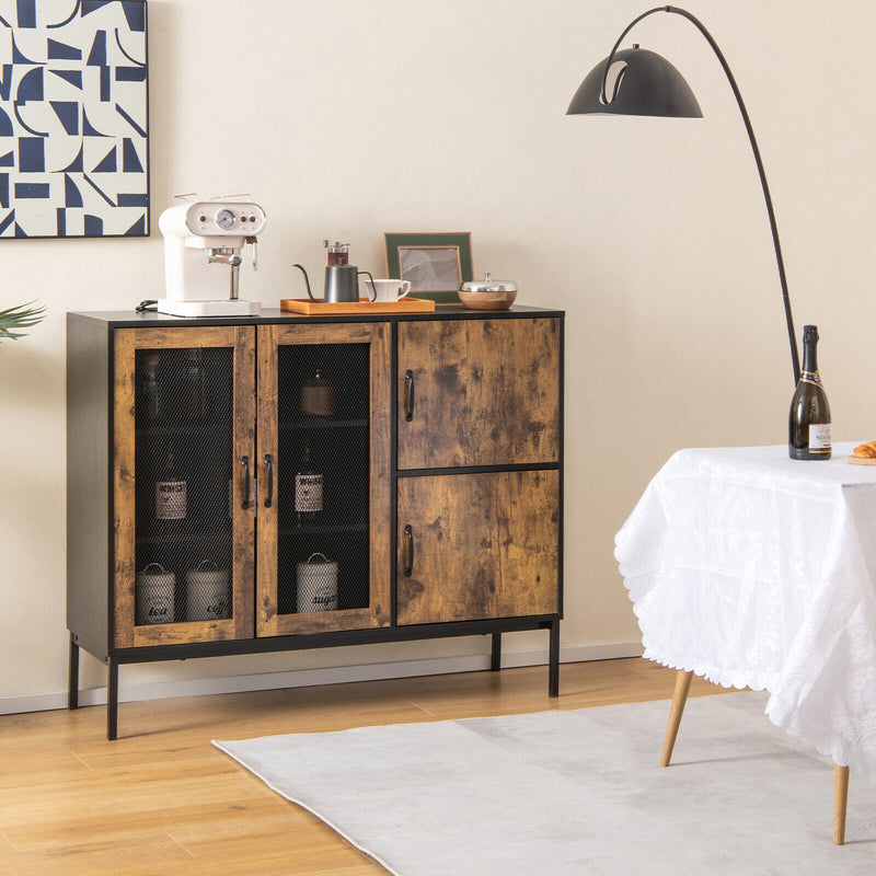 48 Inch Industrial Kitchen Buffet Sideboard with Metal Mesh Doors and Anti-toppling Device-Brown