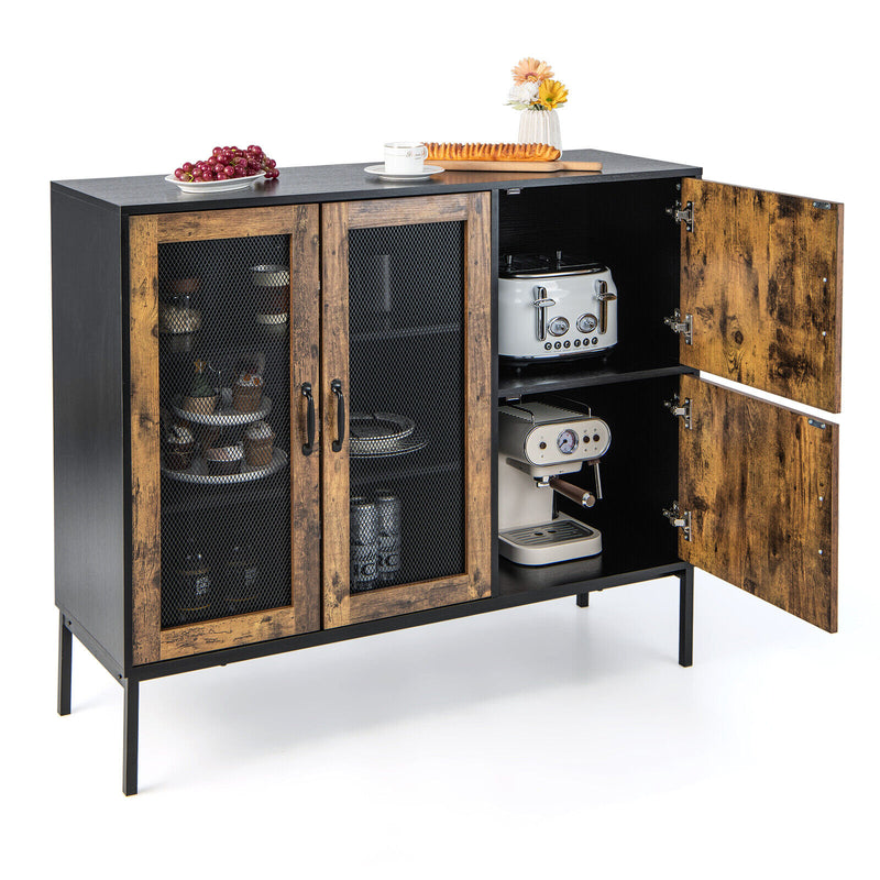 48 Inch Industrial Kitchen Buffet Sideboard with Metal Mesh Doors and Anti-toppling Device-Brown