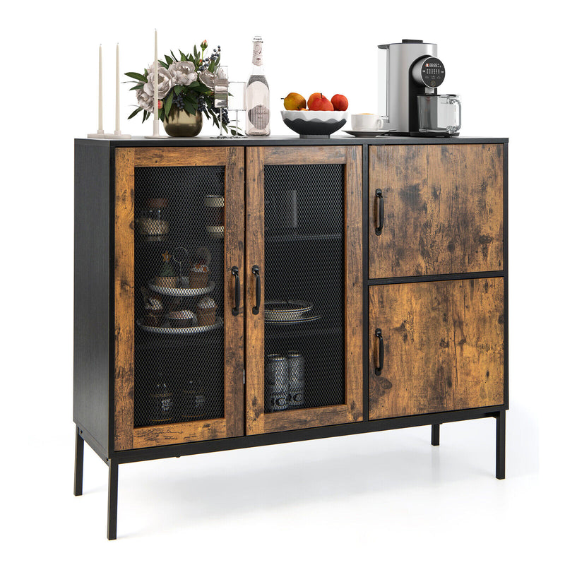 48 Inch Industrial Kitchen Buffet Sideboard with Metal Mesh Doors and Anti-toppling Device-Brown