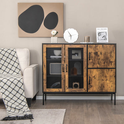 48 Inch Industrial Kitchen Buffet Sideboard with Metal Mesh Doors and Anti-toppling Device-Brown