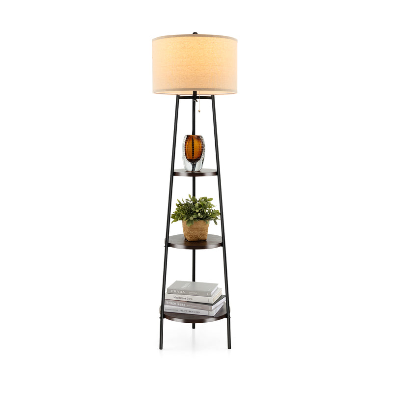 Standing Shelf Floor Lamp with Storage Shelves and Linen Lampshade