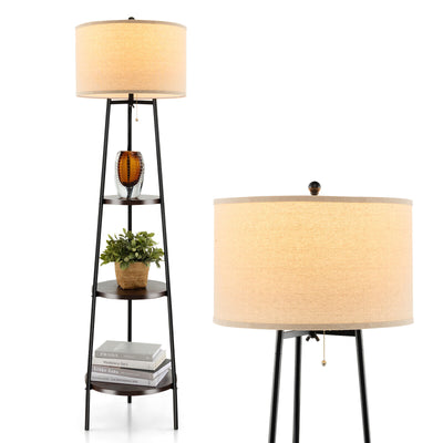 Standing Shelf Floor Lamp with Storage Shelves and Linen Lampshade