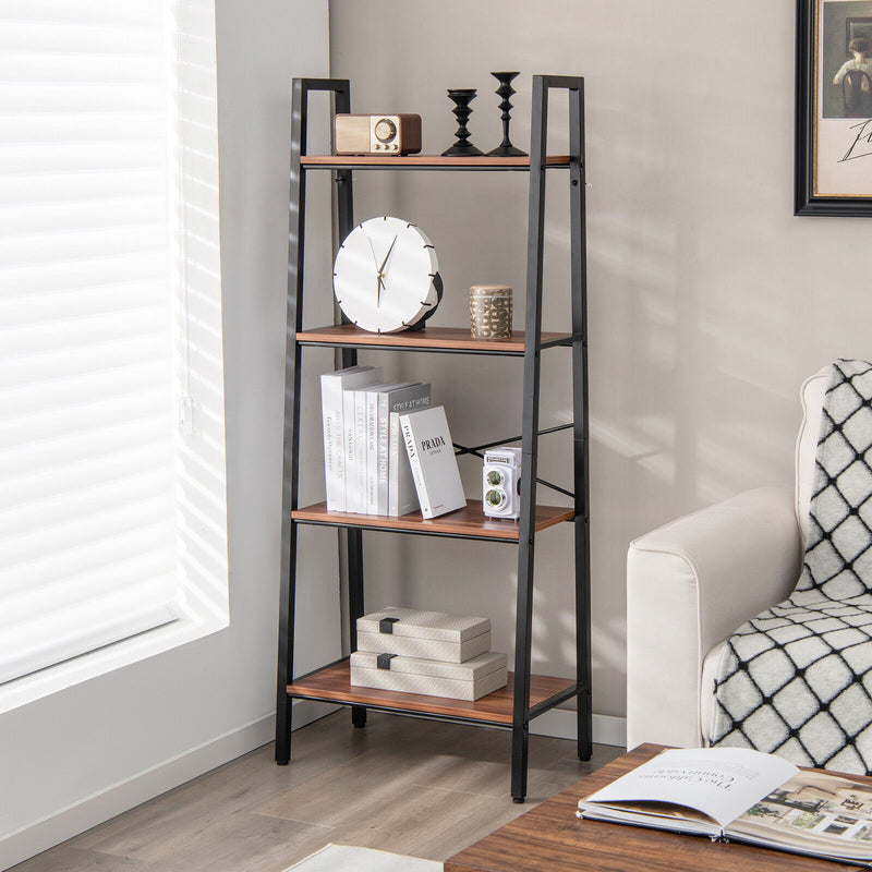 4-Tier Freestanding Open Bookshelf with Metal Frame and Anti-toppling Device-Rustic Brown