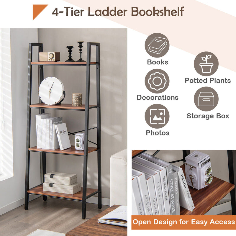 4-Tier Freestanding Open Bookshelf with Metal Frame and Anti-toppling Device-Rustic Brown