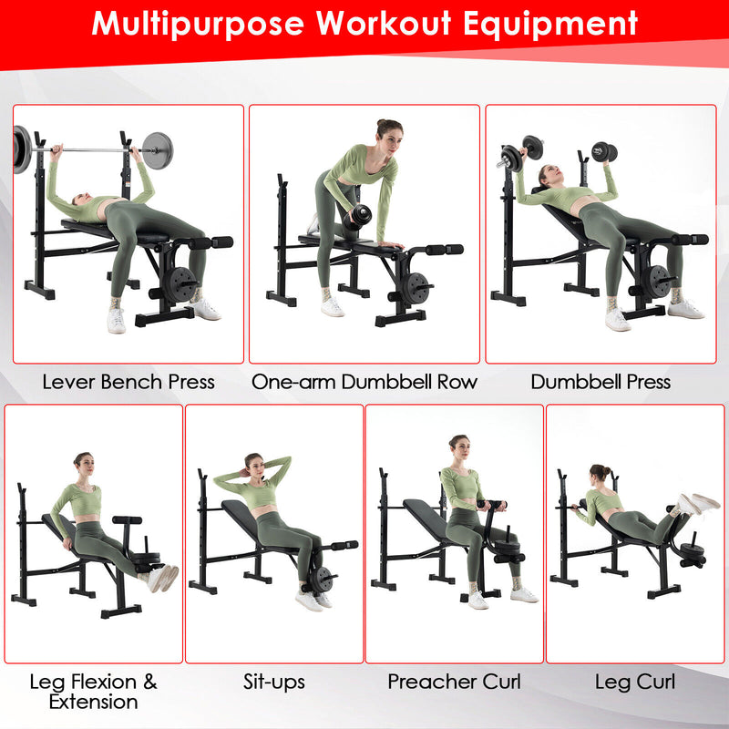 Adjustable Weight Bench and Barbell Rack Set with Weight Plate Post