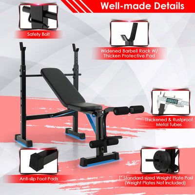 Adjustable Weight Bench and Barbell Rack Set with Weight Plate Post