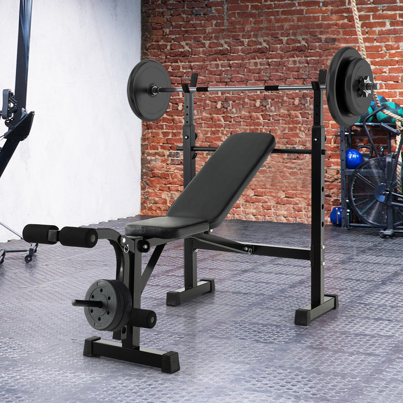 Adjustable Weight Bench and Barbell Rack Set with Weight Plate Post