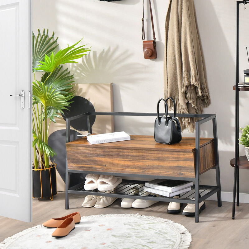 Industrial Shoe Bench with Storage Space and Metal Handrail-Rustic Brown