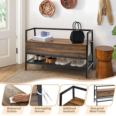 Industrial Shoe Bench with Storage Space and Metal Handrail-Rustic Brown