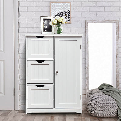 Bathroom Floor Cabinet Side Storage Cabinet with 3 Drawers and 1 Cupboard-White