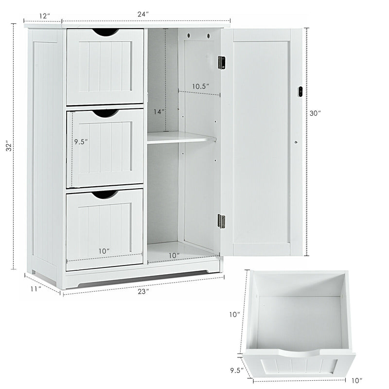 Bathroom Floor Cabinet Side Storage Cabinet with 3 Drawers and 1 Cupboard-White