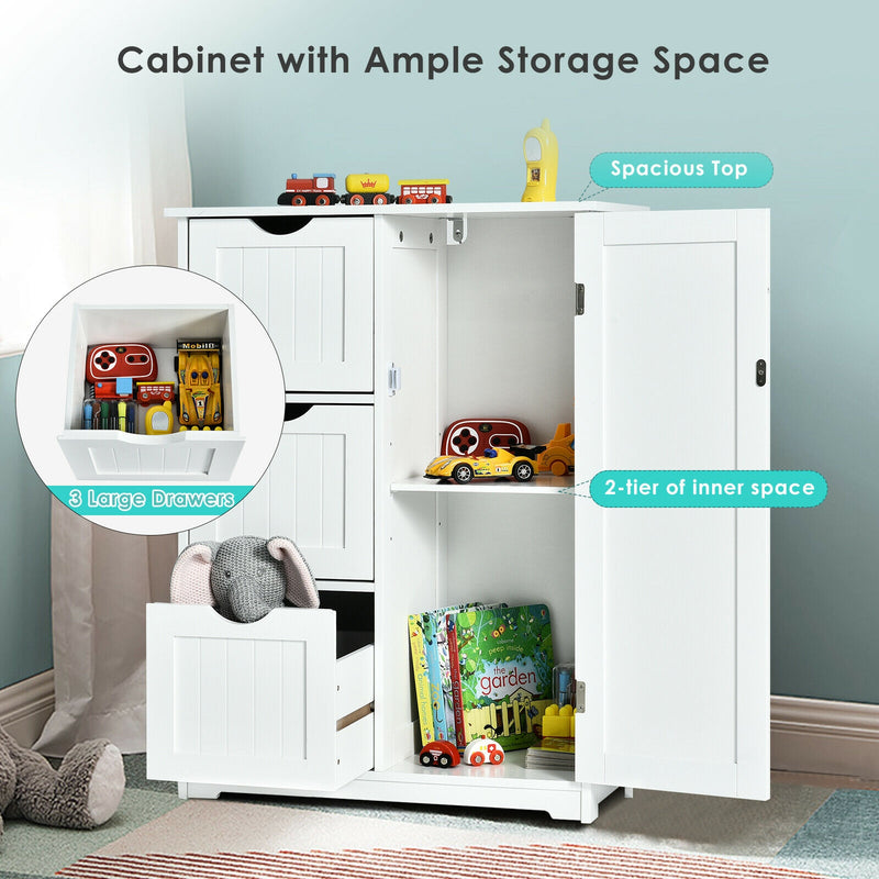 Bathroom Floor Cabinet Side Storage Cabinet with 3 Drawers and 1 Cupboard-White