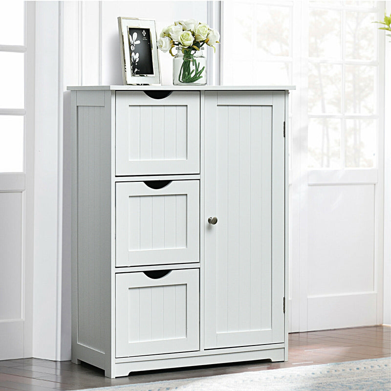 Bathroom Floor Cabinet Side Storage Cabinet with 3 Drawers and 1 Cupboard-White