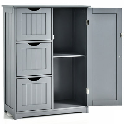 Bathroom Floor Cabinet Side Storage Cabinet with 3 Drawers and 1 Cupboard-Gray