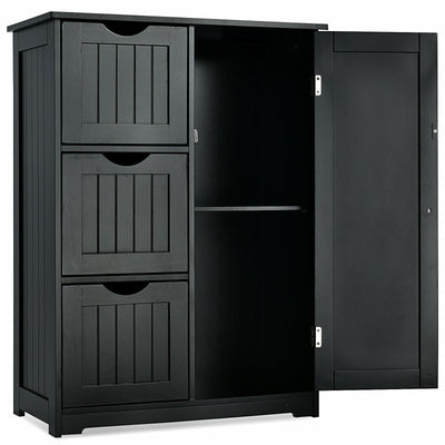 Bathroom Floor Cabinet Side Storage Cabinet with 3 Drawers and 1 Cupboard-Black