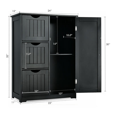 Bathroom Floor Cabinet Side Storage Cabinet with 3 Drawers and 1 Cupboard-Black