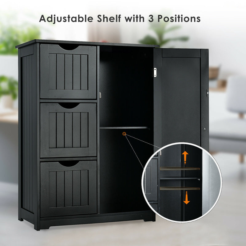 Bathroom Floor Cabinet Side Storage Cabinet with 3 Drawers and 1 Cupboard-Black