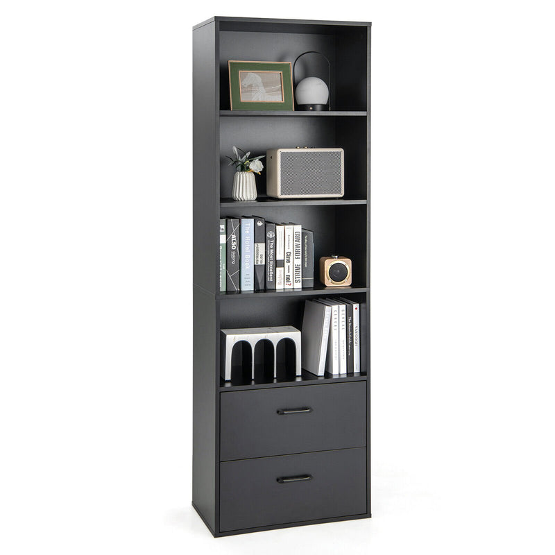 6-Tier Tall Freestanding Bookshelf with 4 Open Shelves and 2 Drawers-Black