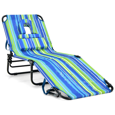 Beach Chaise Lounge Chair with Face Hole and Removable Pillow-Blue & Green