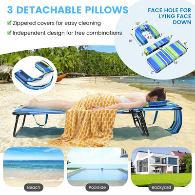 Beach Chaise Lounge Chair with Face Hole and Removable Pillow-Blue & Green