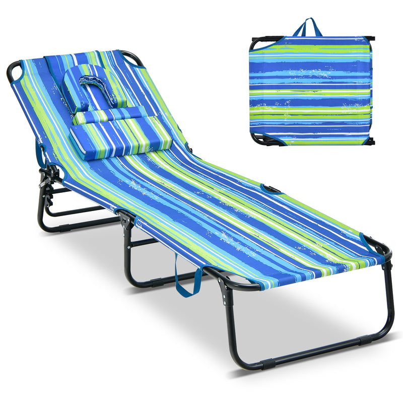 Beach Chaise Lounge Chair with Face Hole and Removable Pillow-Blue & Green