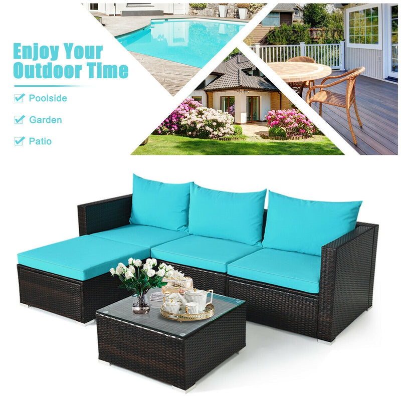 5 Pieces Patio Rattan Furniture Set with Coffee Table-Turquoise