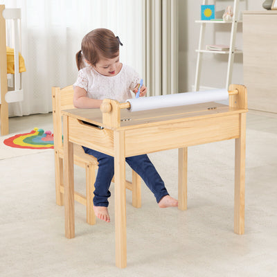 Toddler Multifunctional Activity Table and Chair Set with Paper Roll Holder-Natural