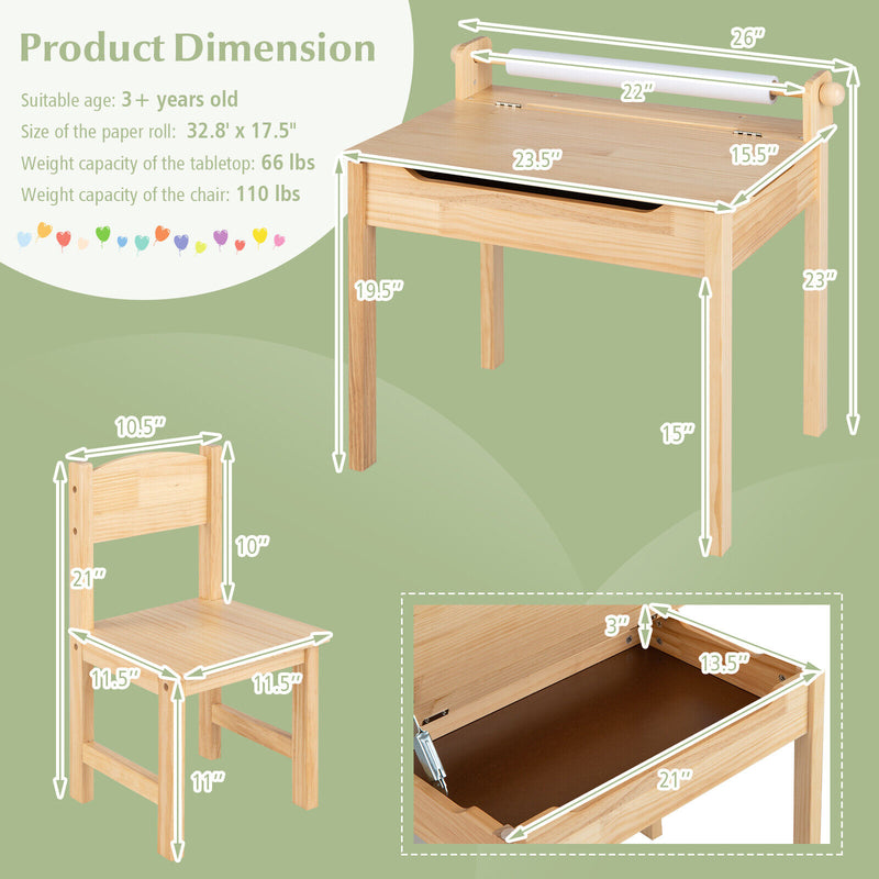 Toddler Multifunctional Activity Table and Chair Set with Paper Roll Holder-Natural