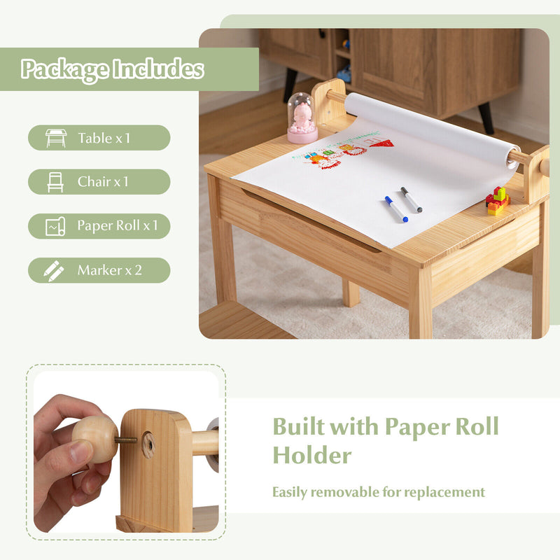 Toddler Multifunctional Activity Table and Chair Set with Paper Roll Holder-Natural