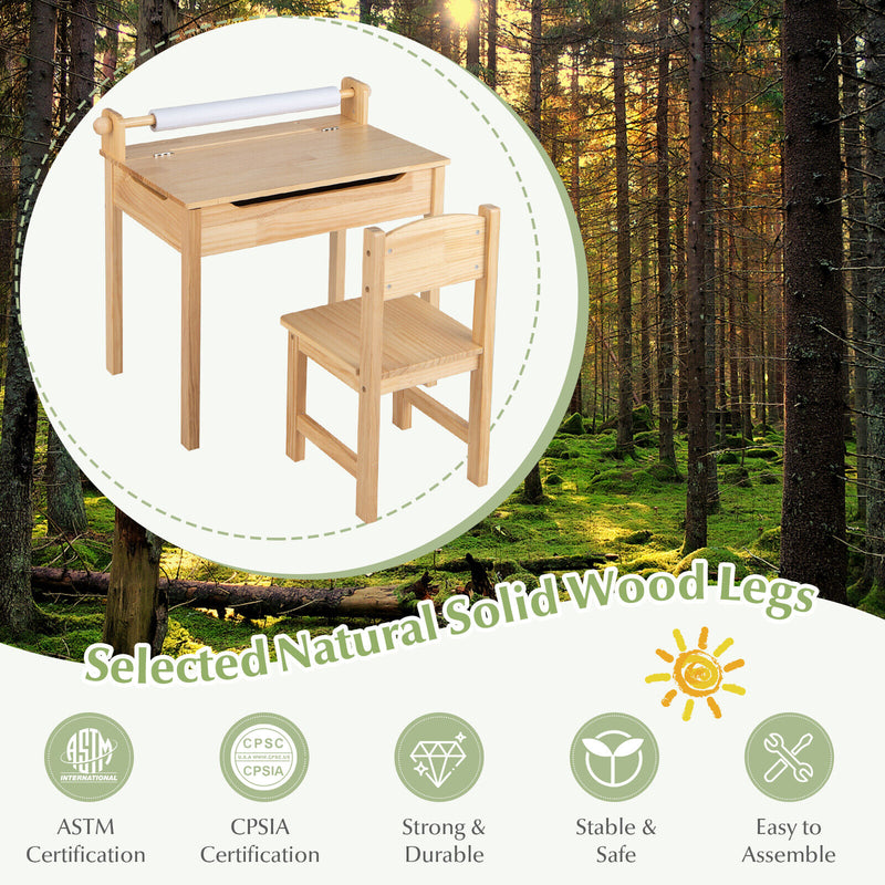 Toddler Multifunctional Activity Table and Chair Set with Paper Roll Holder-Natural