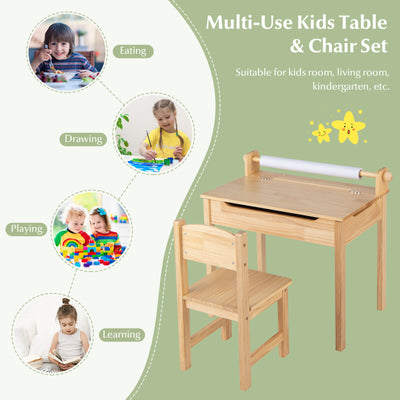 Toddler Multifunctional Activity Table and Chair Set with Paper Roll Holder-Natural