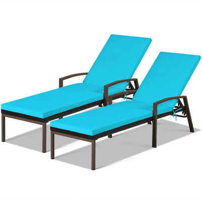 2 Pieces Patio Rattan Adjustable Back Lounge Chair with Armrest and Removable Cushions-Turquoise