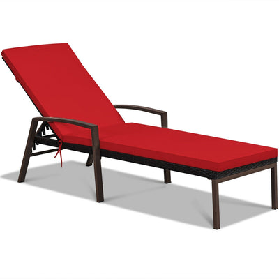 2 Pieces Patio Rattan Adjustable Back Lounge Chair with Armrest and Removable Cushions-Red