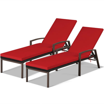 2 Pieces Patio Rattan Adjustable Back Lounge Chair with Armrest and Removable Cushions-Red