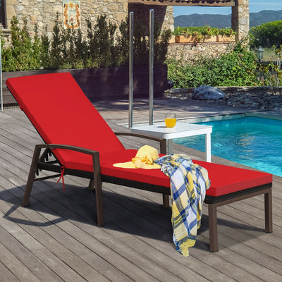 2 Pieces Patio Rattan Adjustable Back Lounge Chair with Armrest and Removable Cushions-Red