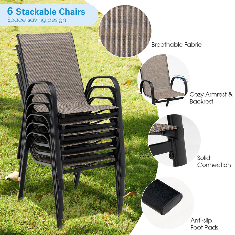 6 Pieces Patio Stackable Dining Chairs with Curved Armrests and Breathable Fabric